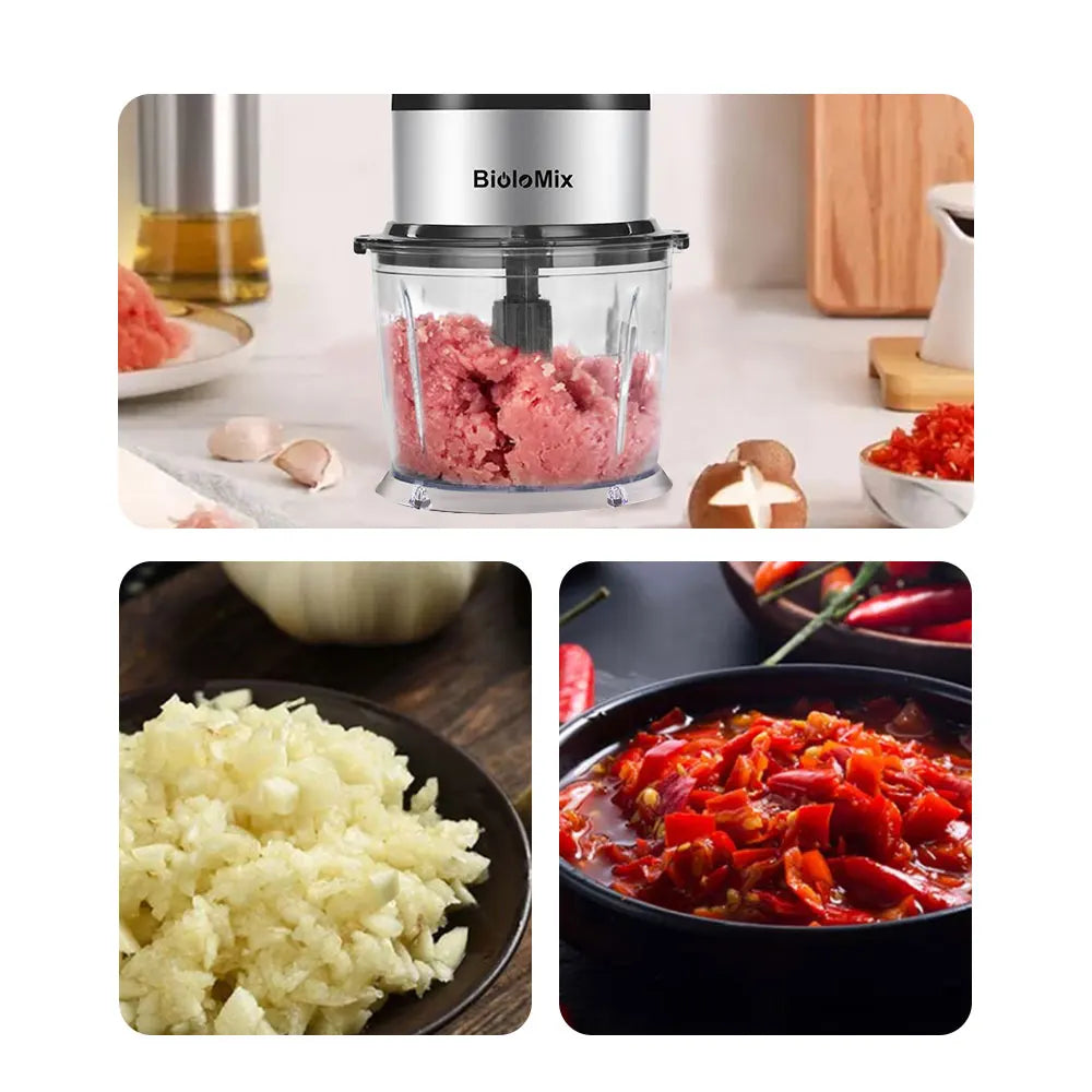 A silver and clear electric food chopper with meat, chopped garlic, and chili shown in bowls.