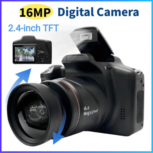 Black plastic 16MP digital camera with a 2.4-inch TFT screen, pop-up flash, and lens adjustment indicator.