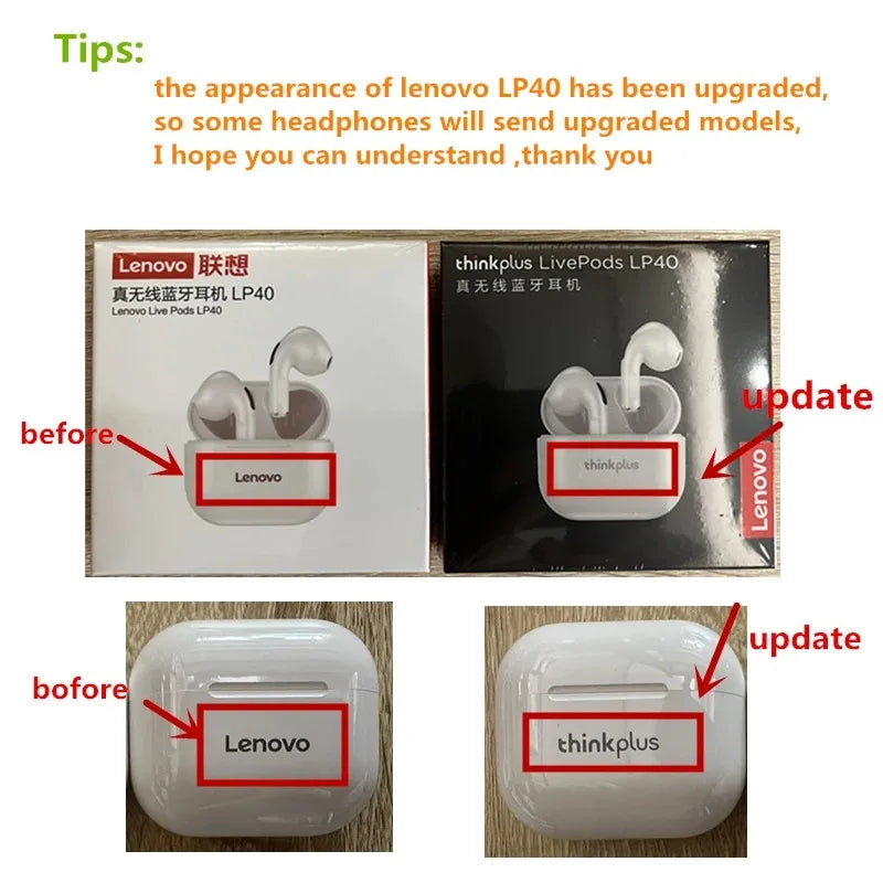 White wireless earbuds in a charging case, shown in original and updated packaging with different branding.
