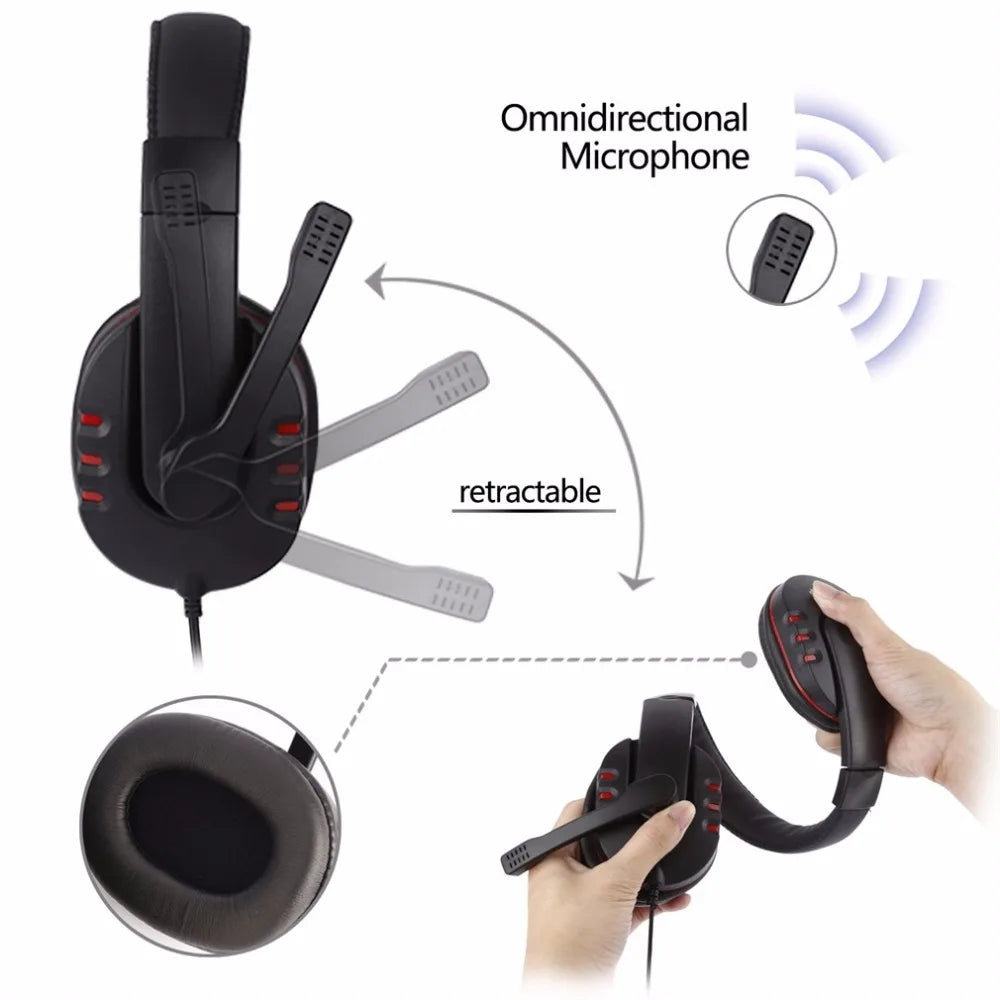 Black wired gaming headset with a retractable, omnidirectional microphone, cushioned ear pads and red accents.
