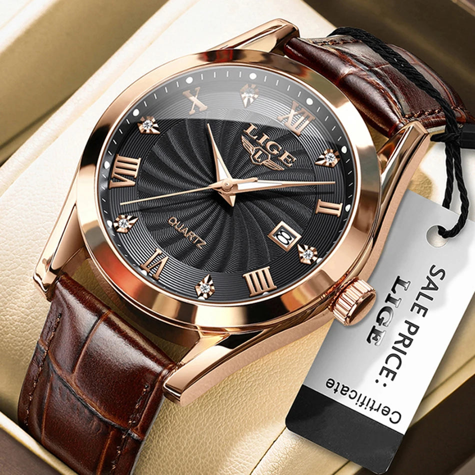 Elegant quartz watch with a rose gold case, black textured dial, crystal hour markers, and brown leather strap.