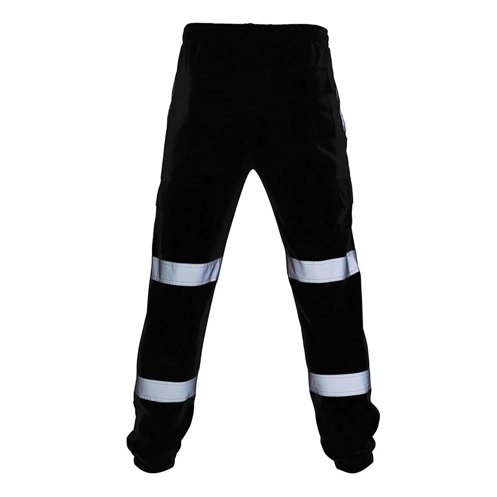 Black men’s work trousers featuring two horizontal reflective safety strips on each leg and an elasticated waistband.