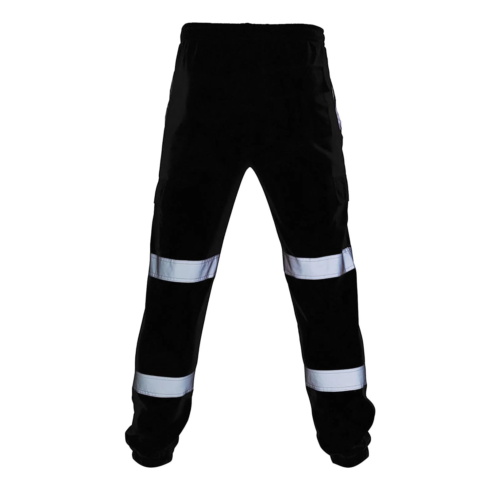 Black men’s work trousers featuring two horizontal reflective safety strips on each leg and an elasticated waistband.
