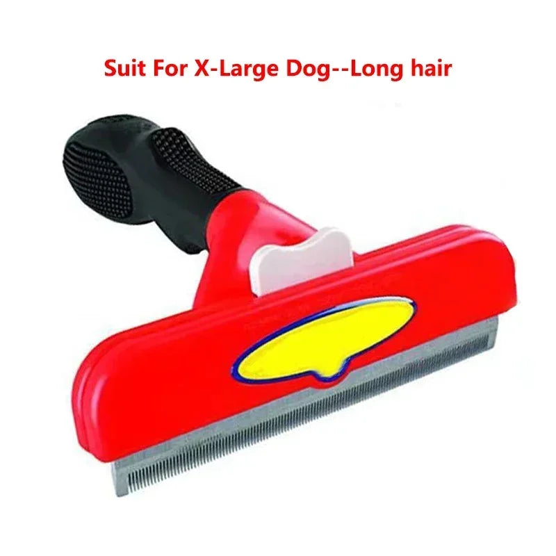 Red and black pet deshedding tool for long-haired large dogs, featuring a fine-toothed metal comb and ejector button.