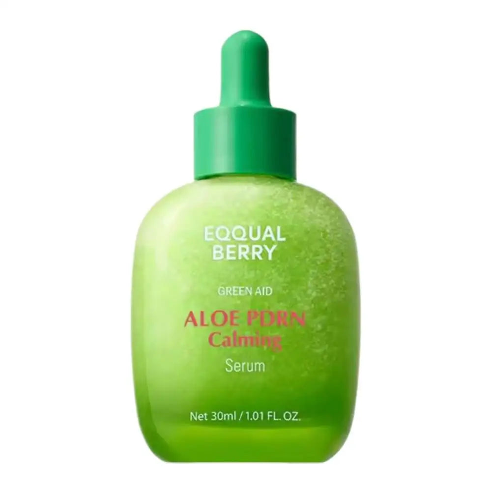 A 30ml bottle of green aloe calming serum with a dropper cap, featuring a bright green gradient glass design.