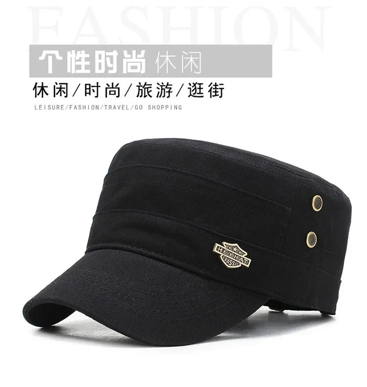 Black cotton military-style cadet cap with a flat top, short brim, and decorative metallic side studs.