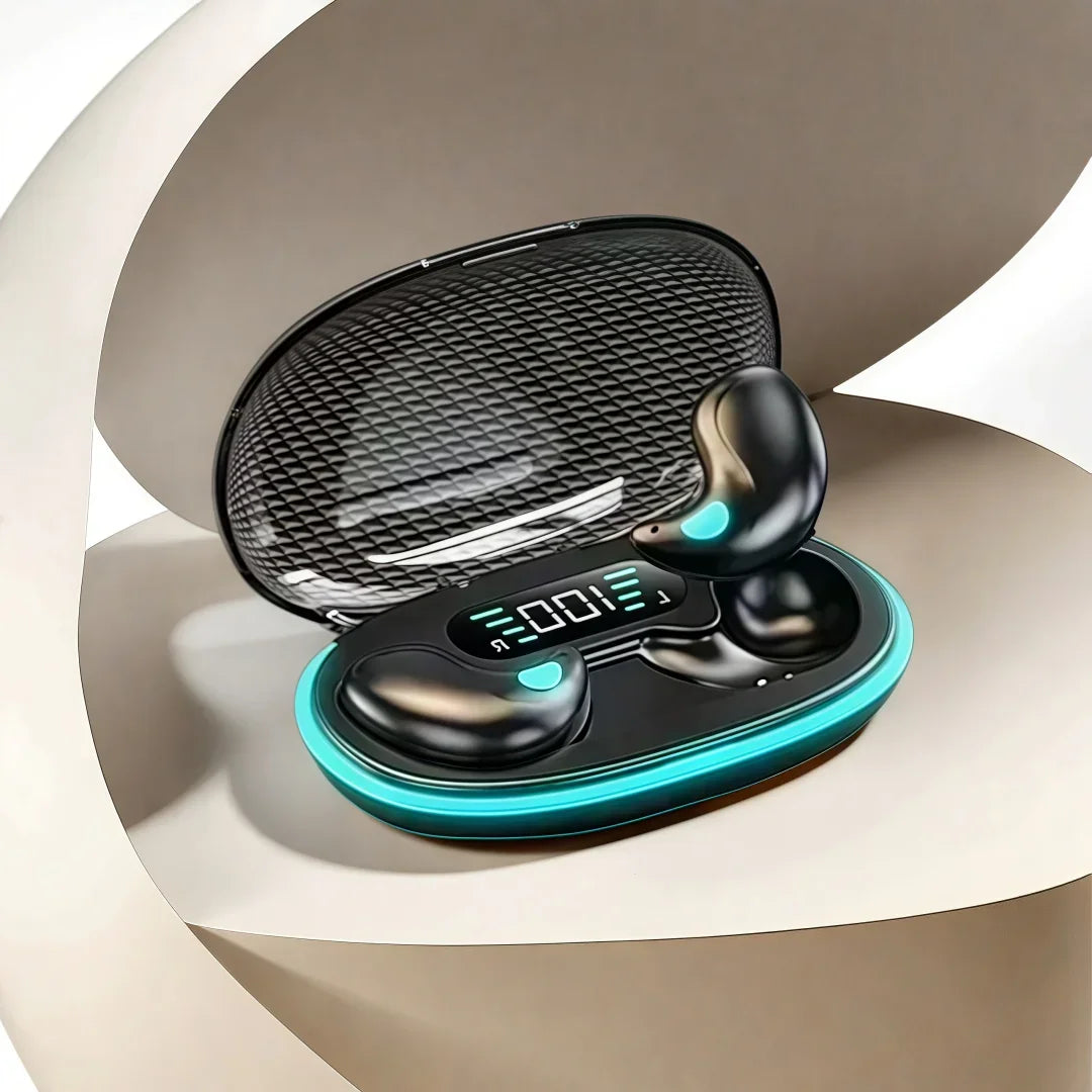 Black wireless earbuds in an open turquoise and black charging case with a digital battery display.