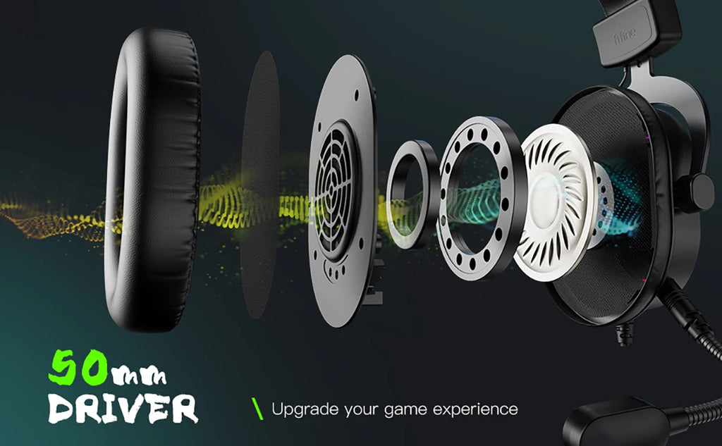 Exploded view of a black gaming headset showing its 50mm driver components, surround sound tech, and RGB lighting.