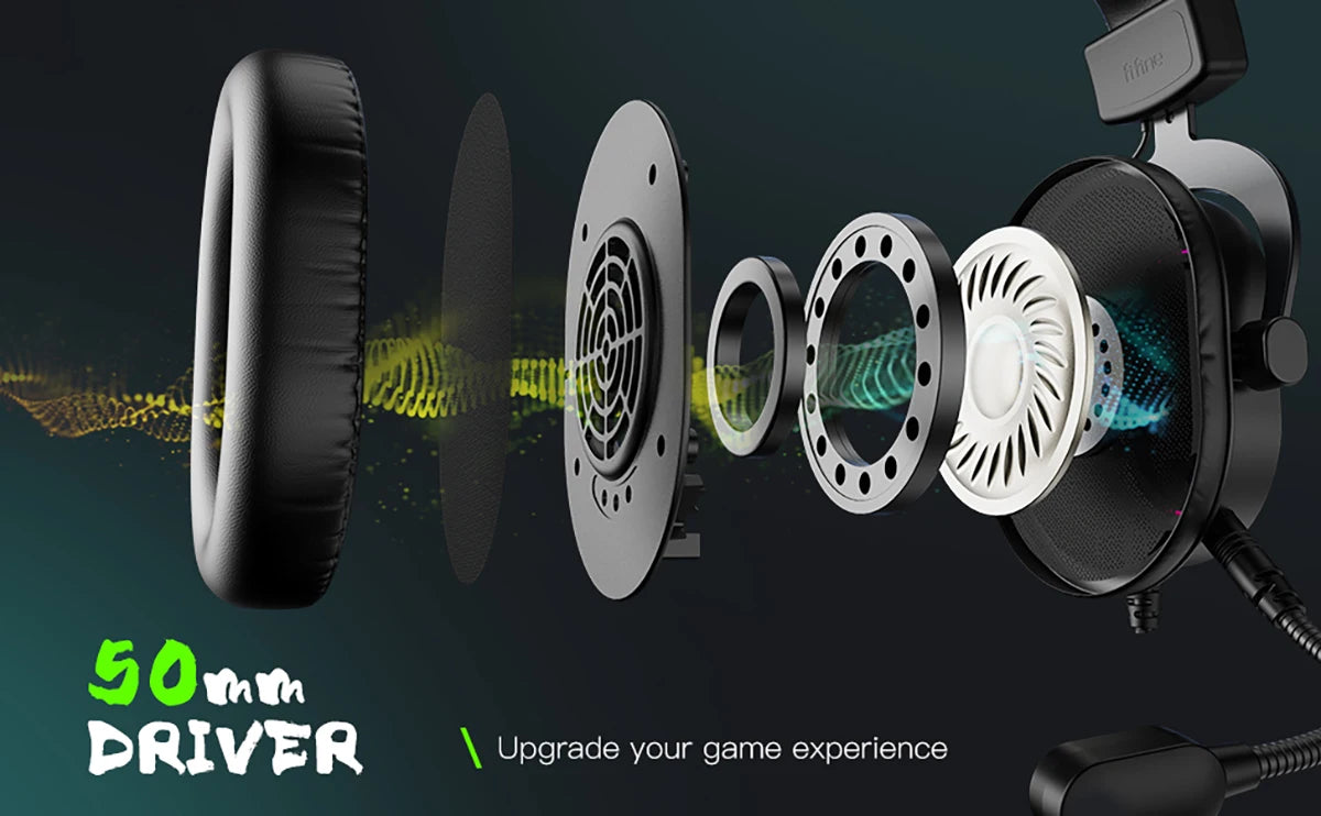 Exploded view of a black gaming headset showing its 50mm driver components, surround sound tech, and RGB lighting.