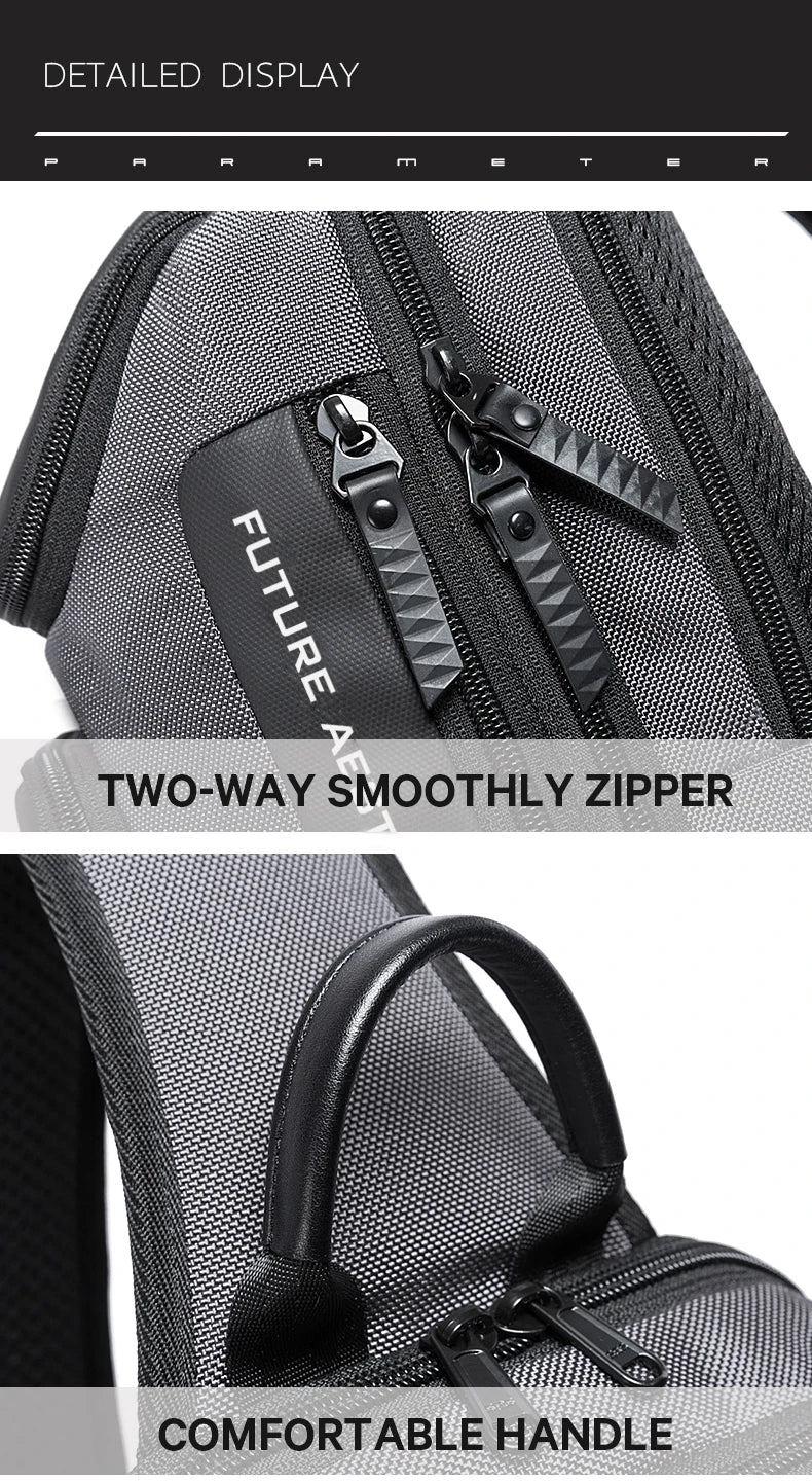 Close-up of a grey anti-theft crossbody bag showing durable two-way zips and a comfortable top carry handle.