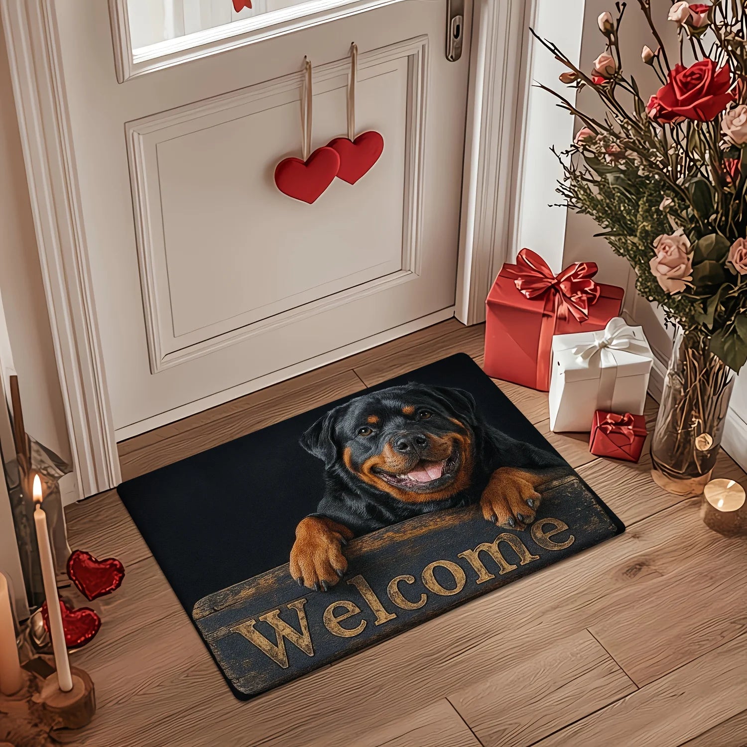 Black fleece doormat featuring a smiling Rottweiler peeking over a rustic wooden ‘Welcome’ sign on a hallway floor.