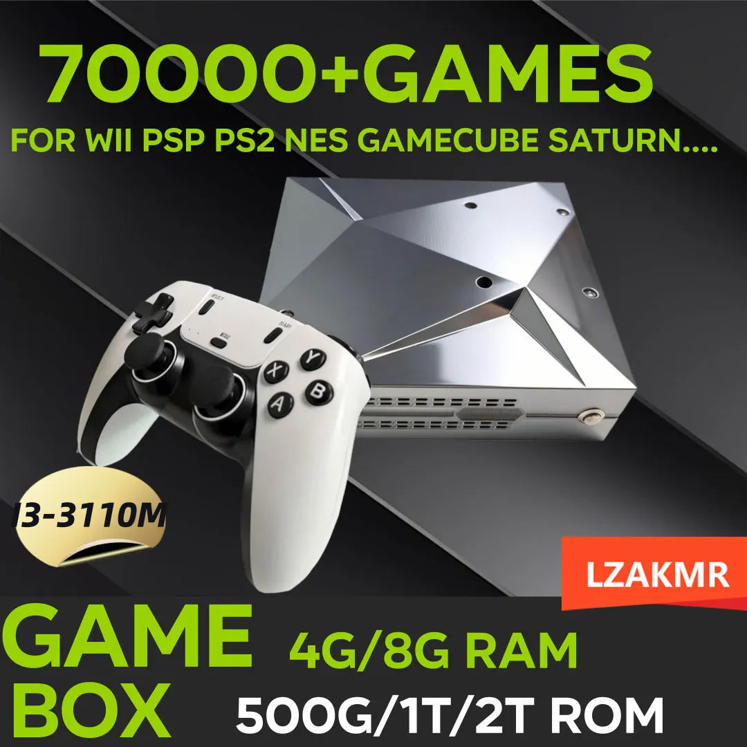 P88 retro game console in metallic silver with faceted top, paired with a white and black wireless controller.