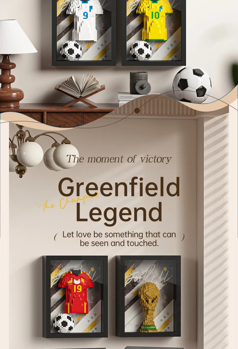 Framed 3D brick-style wall art featuring football jerseys, a trophy, and soccer balls in various colours.