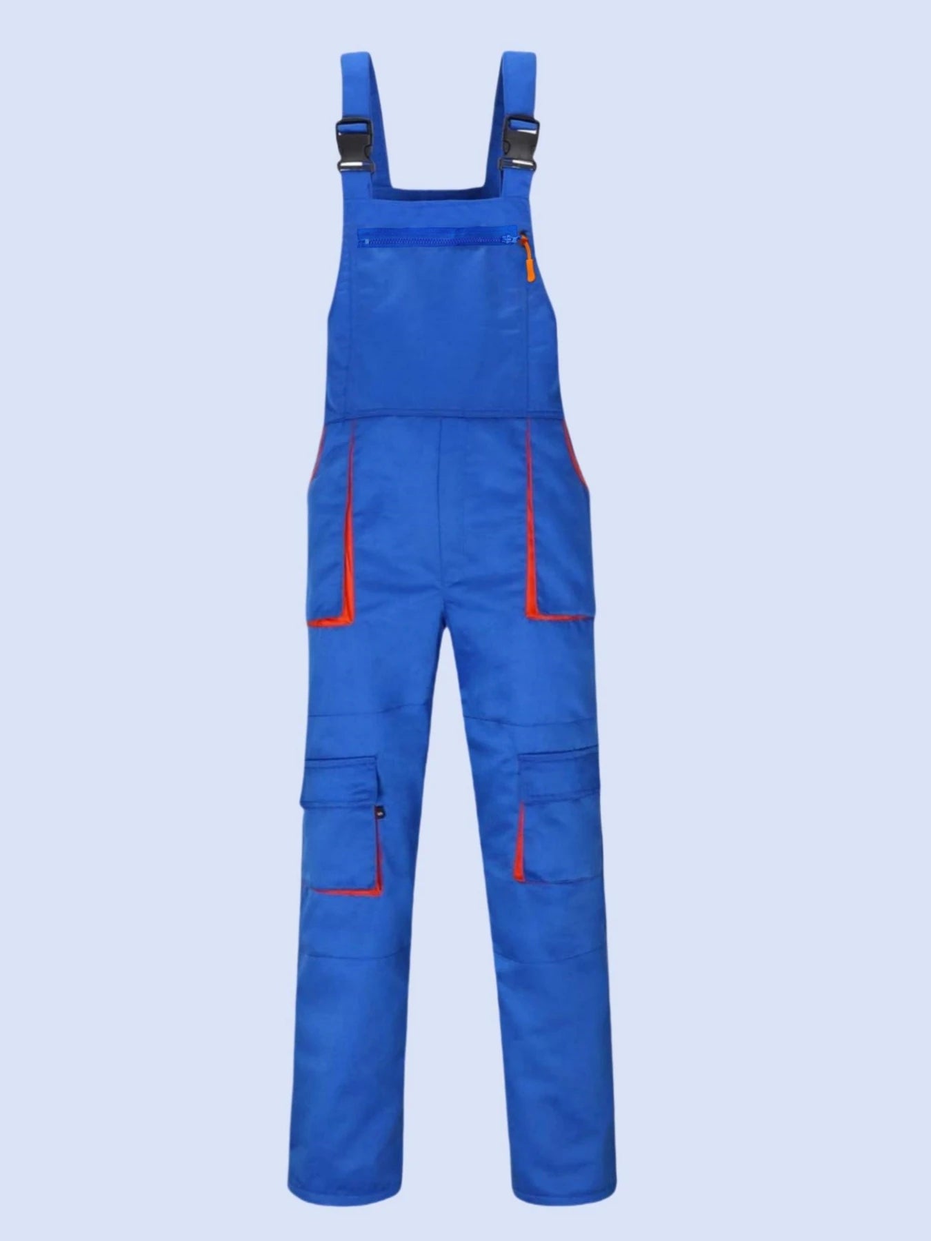 Blue workwear bib overalls with adjustable straps, zip chest pocket, and multiple pockets with orange trim detail.