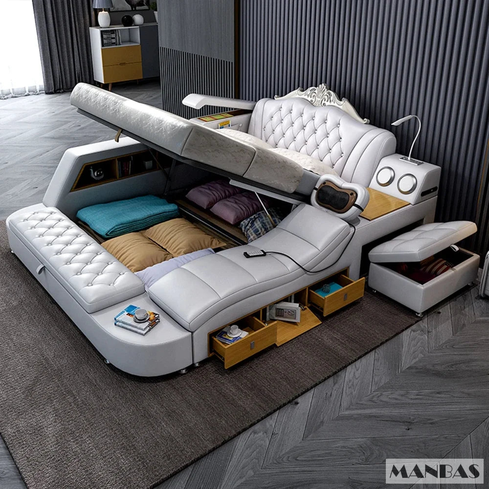 White upholstered smart bed with lift-up storage, integrated massage chair, Bluetooth speakers, and side drawers.
