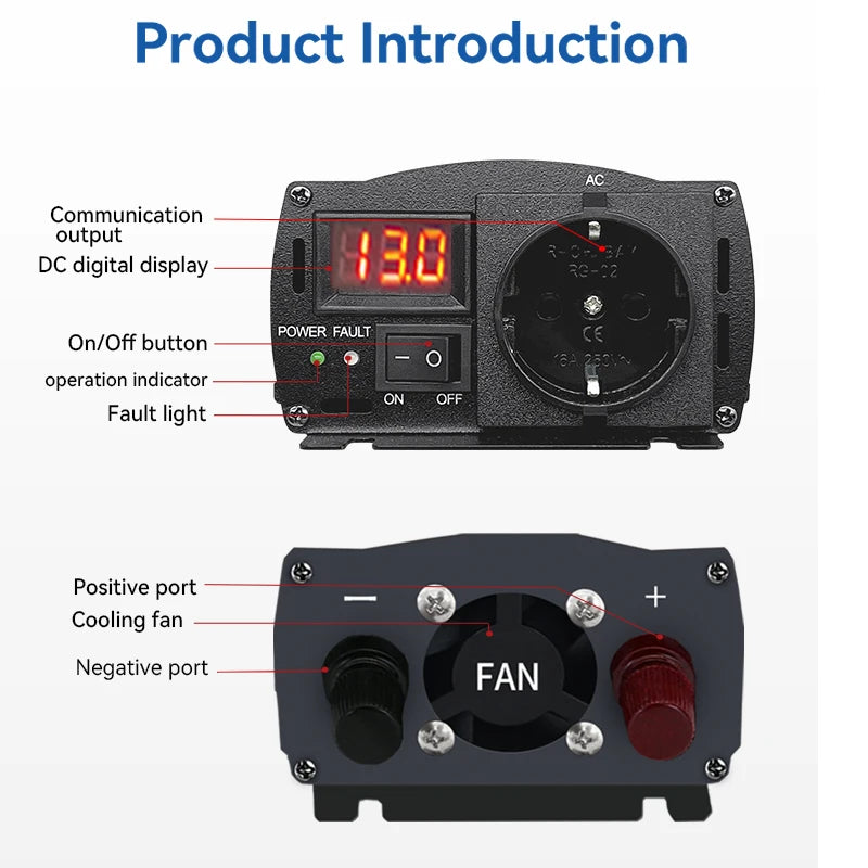 Black power inverter with digital display, AC socket, power switch, cooling fan, and positive/negative DC ports.