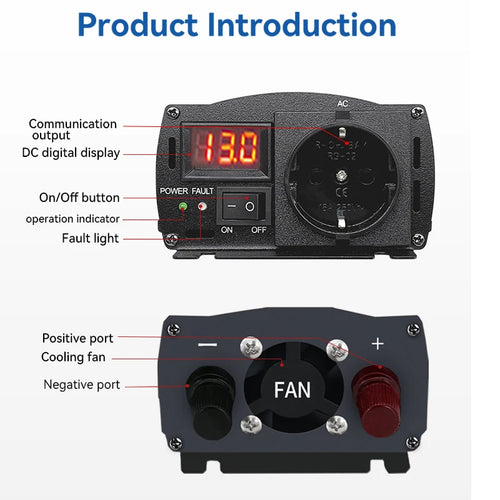 Black power inverter with digital display, AC socket, power switch, cooling fan, and positive/negative DC ports.