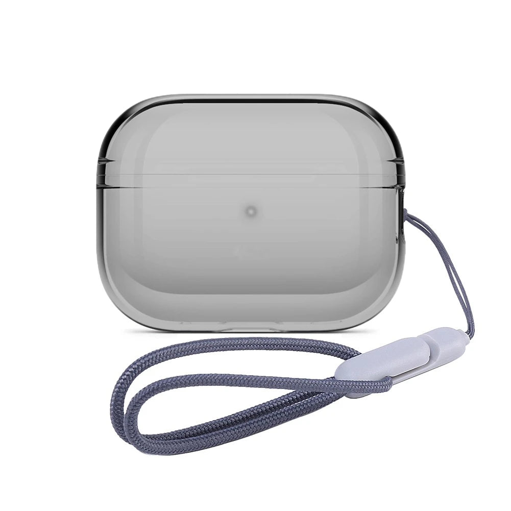 Clear grey plastic AirPods Pro case with a matching purple wrist lanyard strap.