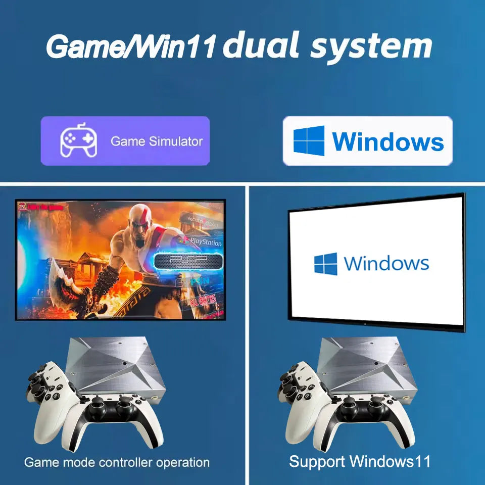 P88 retro game console showing dual Game and Windows 11 systems with two white and black controllers.