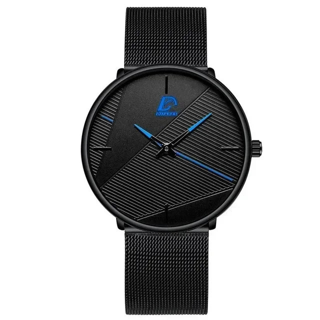Minimalist black ultra-thin men's watch with a mesh strap, textured dial and striking blue hands.