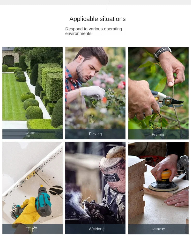 Collage showing premium cowhide leather work gloves used for gardening, welding, DIY, and carpentry tasks.