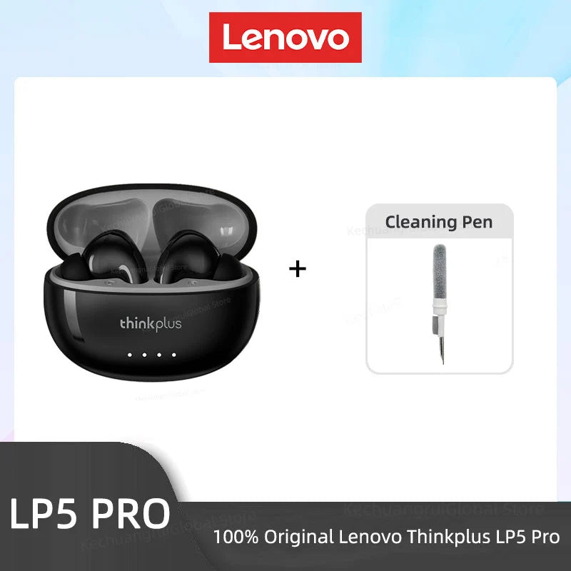 Black wireless earbuds in a charging case, paired with a small cleaning pen.