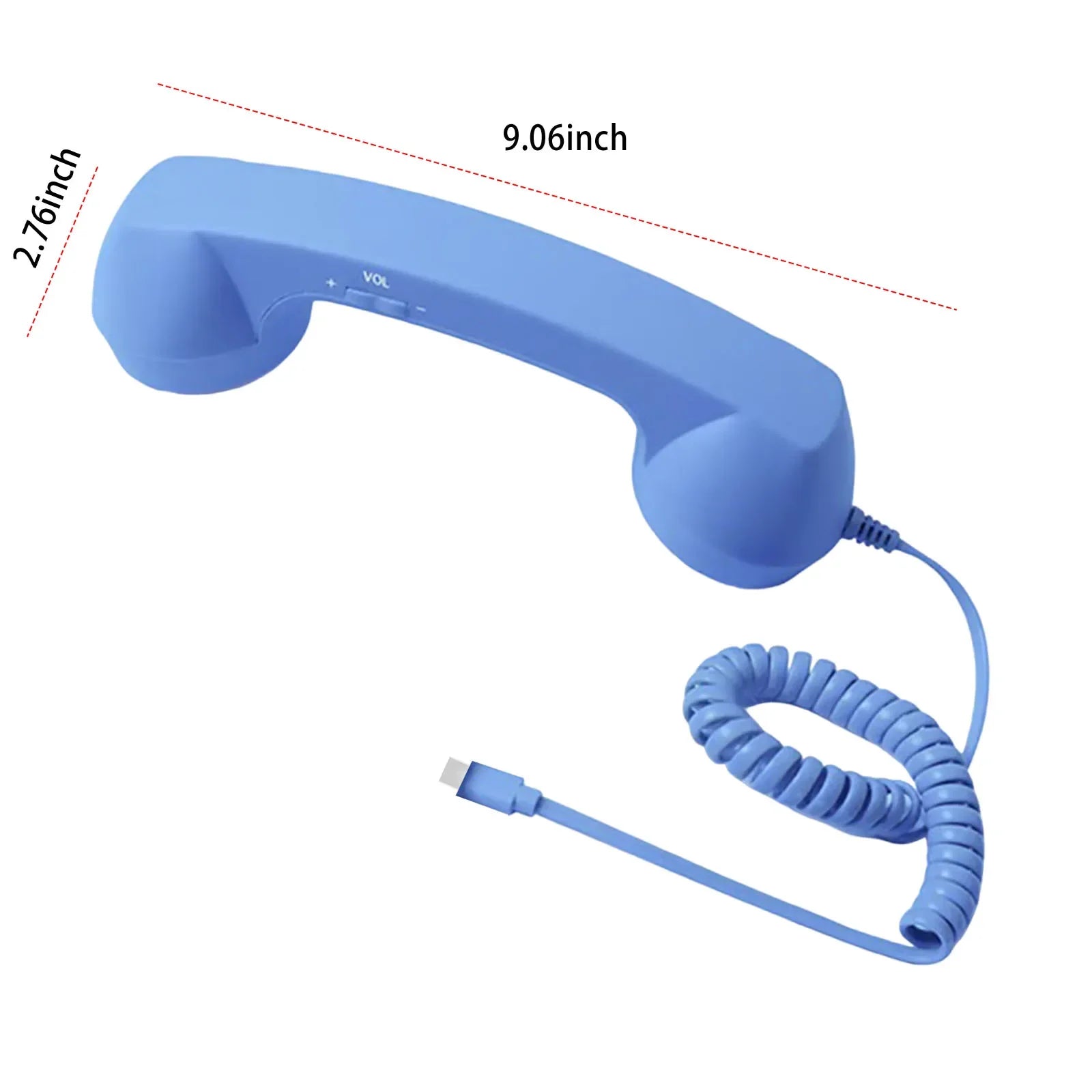 Light blue retro-style telephone handset with a coiled cable, volume control, and USB-C connector.