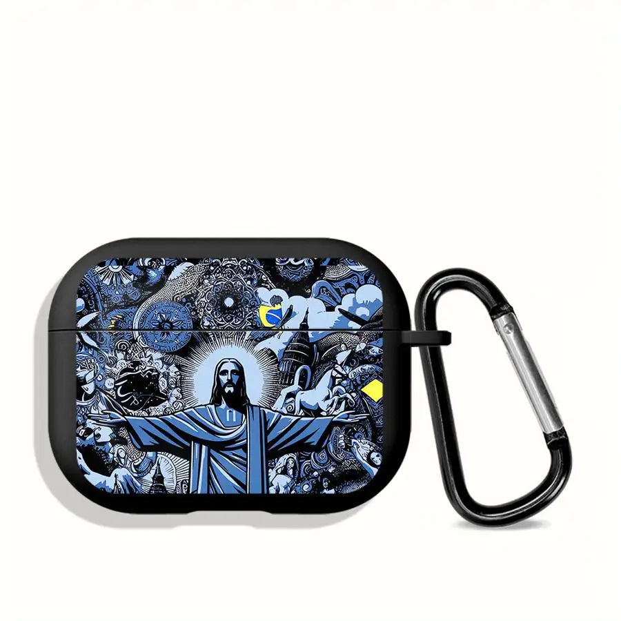 Black silicone AirPods Pro case featuring a blue and white Christ the Redeemer graphic print and black carabiner.