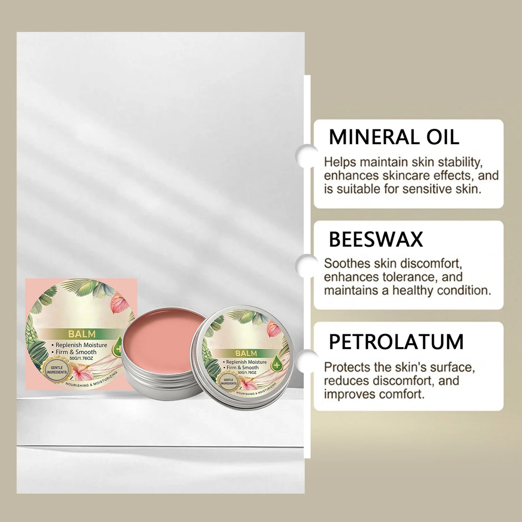 Nourishing pink skin balm in a round silver tin with tropical leaf packaging, highlighting key moisturising ingredients.