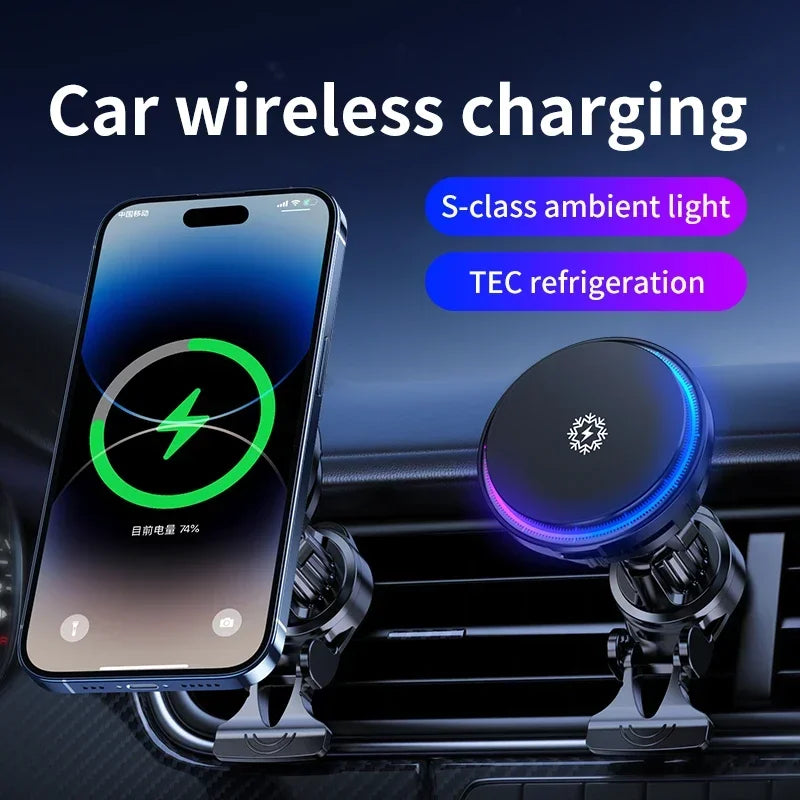 Black magnetic car phone mount with wireless charging, cooling system, and blue ambient circular light on air vent.