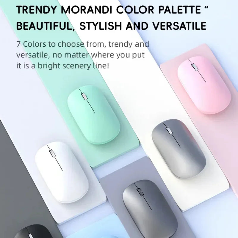 Selection of ergonomic, wireless silent mice in a variety of trendy, pastel Morandi colours.
