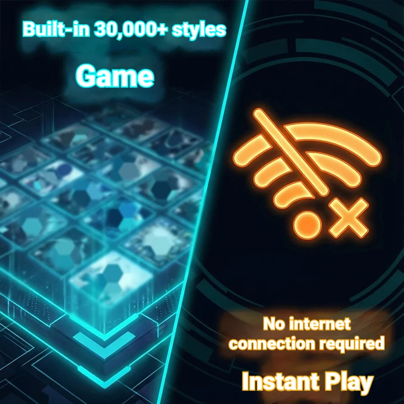 Promotional graphic highlighting built-in games and no internet required for the home arcade game console.