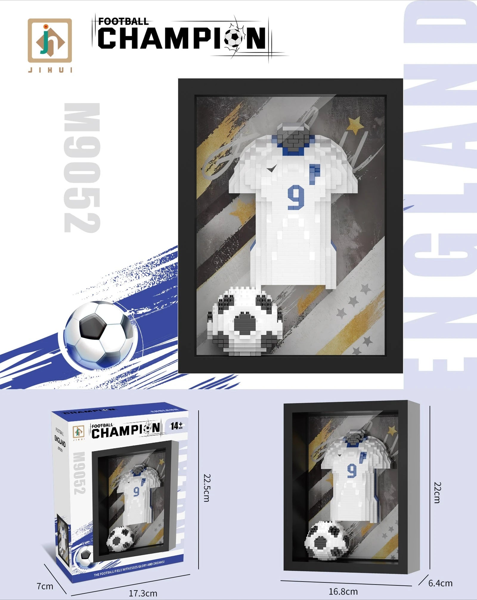 Framed 3D pixel-art style football kit and ball building block display in white, blue, and black.