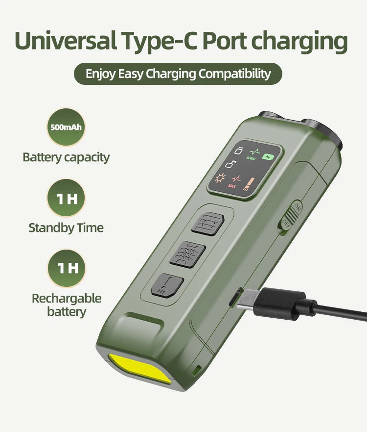 Olive green rechargeable dog training device with LED light, buttons, and a Type-C charging cable attached.