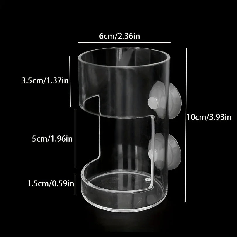 Clear cylindrical suction-cup holder with open-side design, displaying product dimensions against a black background.
