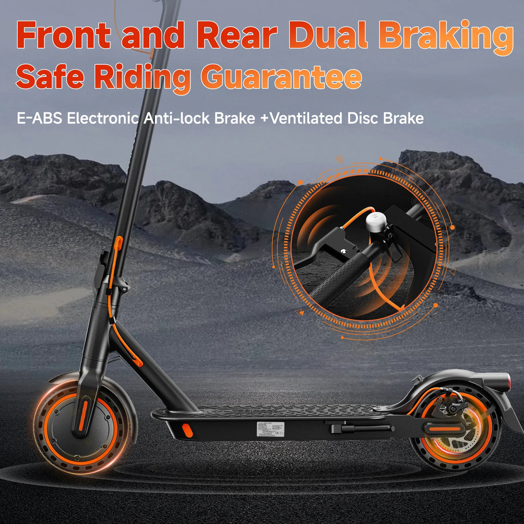 Black electric scooter with orange accents, featuring dual brakes, 8.5-inch tires, and handlebar zoom.