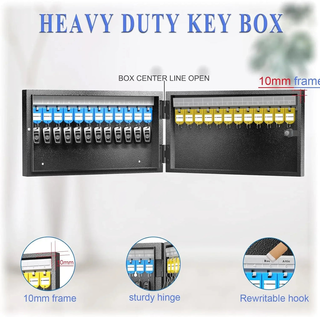 Black metal wall-mounted key box with hooks for 24 keys, featuring a sturdy hinge and rewritable index labels.