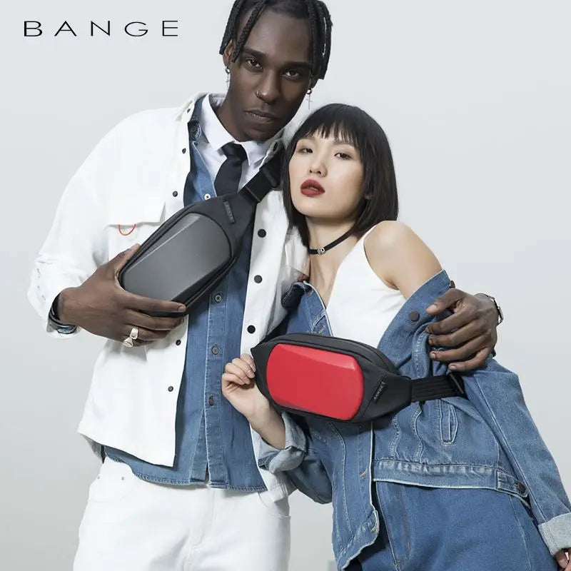 Two models pose with sleek, waterproof chest bags in solid black and black-with-red detailing, worn crossbody.