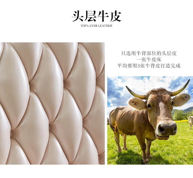 Close-up of a modern, cream-coloured top-grain leather bed headboard with a deep-buttoned, quilted design.