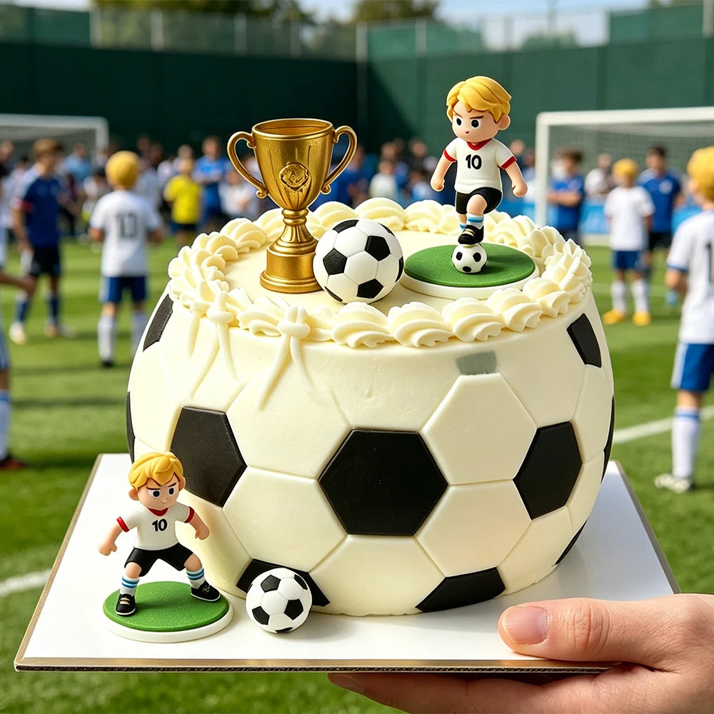 Round football-themed cake with black and white panel icing, gold trophy topper, mini soccer balls, and player figures.
