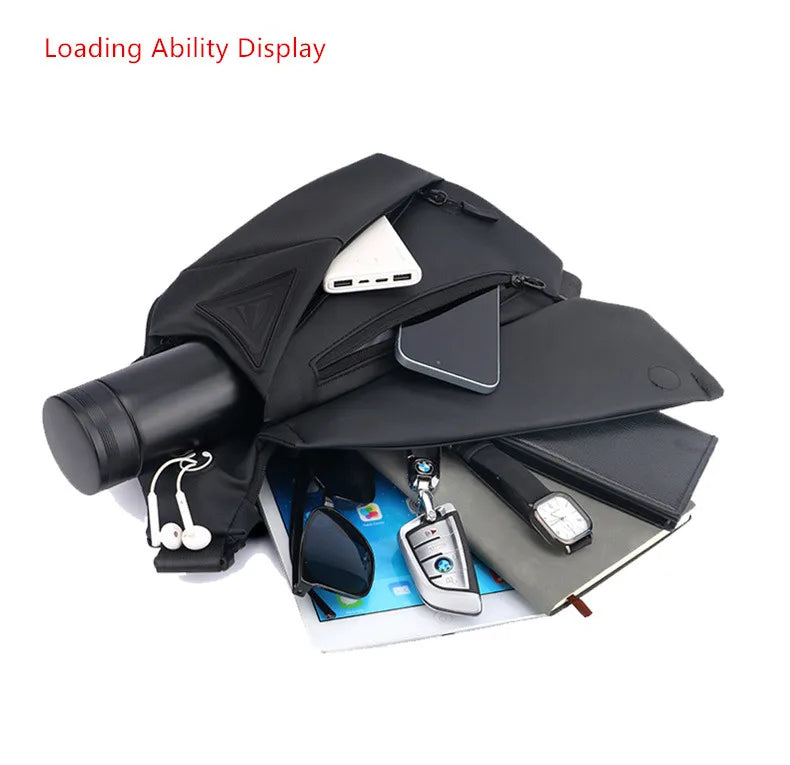 Black anti-theft crossbody sling bag open, displaying storage for a tablet, phone, water bottle, and daily accessories.