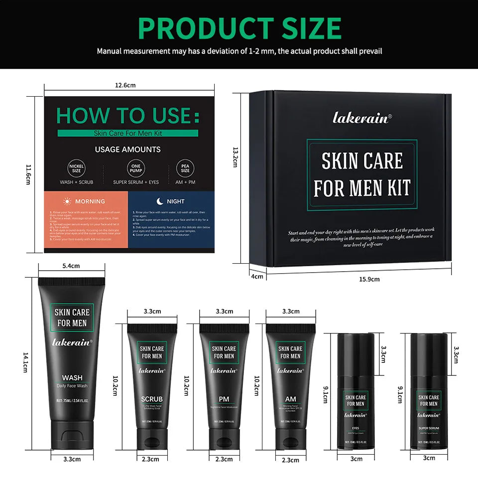 Men's skincare set featuring a black gift box, face wash, scrub, AM/PM moisturiser, eye cream, and serum with sizing.