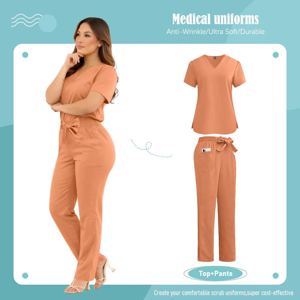 Woman wearing a peach-coloured V-neck scrub top and matching trousers with an elasticated, tied waist and pockets.