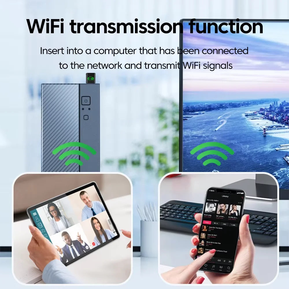 Small, black, carbon-fibre pattern USB WiFi 6 and Bluetooth 5.4 adapter plugged into a computer to broadcast a signal.