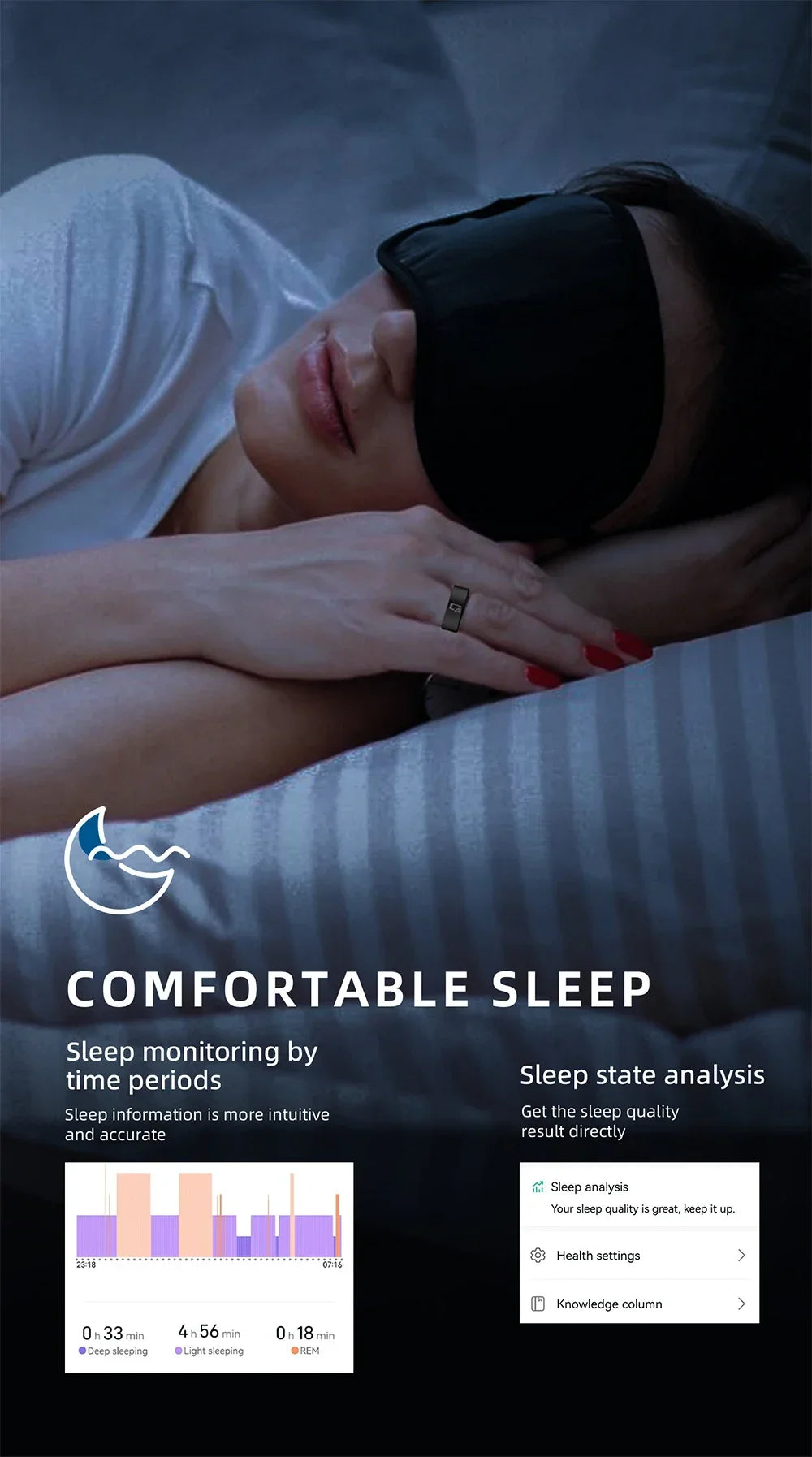 A woman sleeping wearing a sleek black NFC smart ring, shown alongside app screenshots for sleep tracking analysis.
