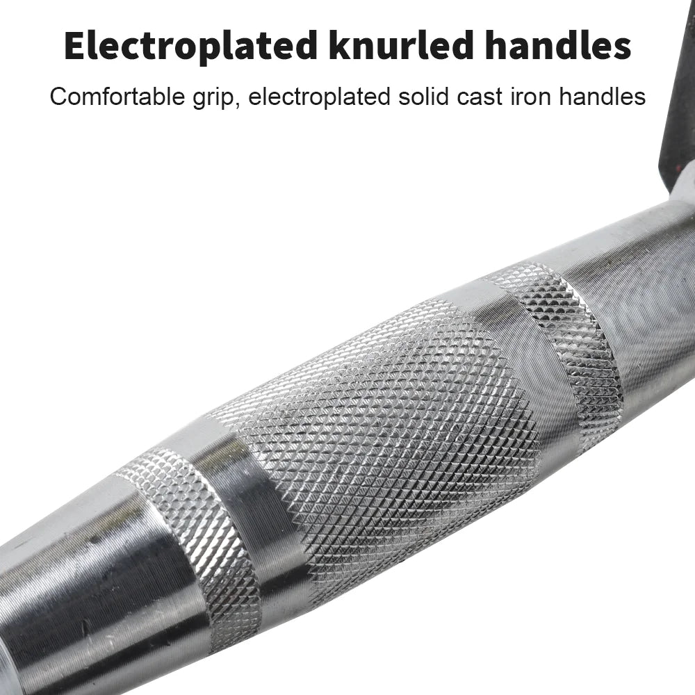 Silver electroplated dumbbell handle with textured knurled grip for fitness.