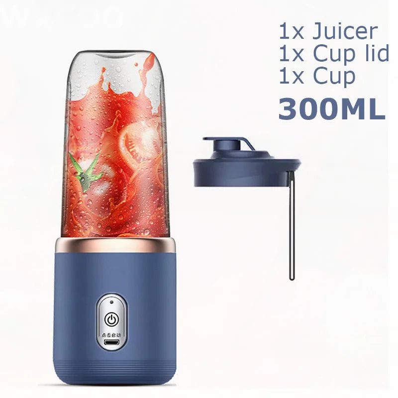 Portable 300ml juicer in navy blue with gold trim, including a matching lid, cup, and USB power button.