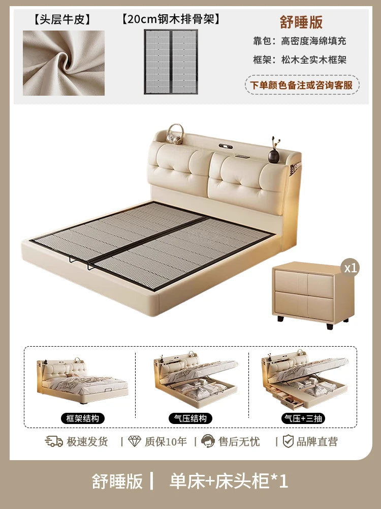 Modern cream leather bed frame with tufted headboard, built-in storage drawers, and a matching bedside table.