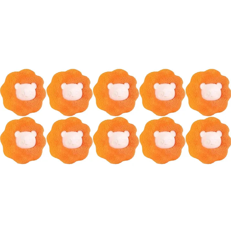 Ten orange, flower-shaped exfoliating sponges featuring cute, pale pink embossed bear faces in the centre.