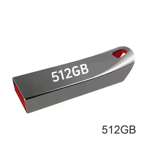 Sleek, silver metal 512GB USB flash drive with a red interior accent and a handy key-ring hole.